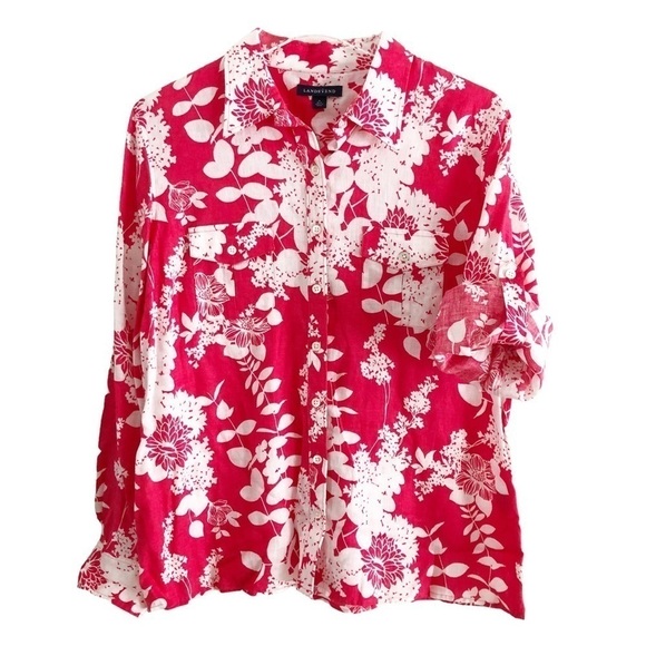 Land’s End Floral Print Linen Blouse Size Medium  White Pink - Picture 7 of 11